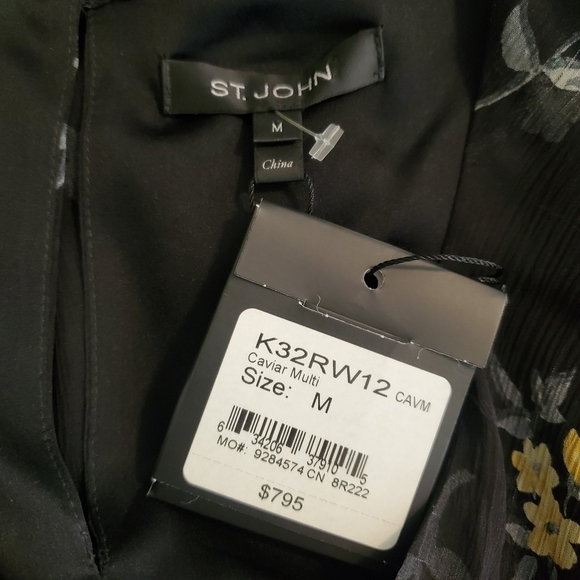 St. JOHN floral print Blouse Size Medium, Retail $795, silk, Sheer sleeves - Picture 7 of 12
